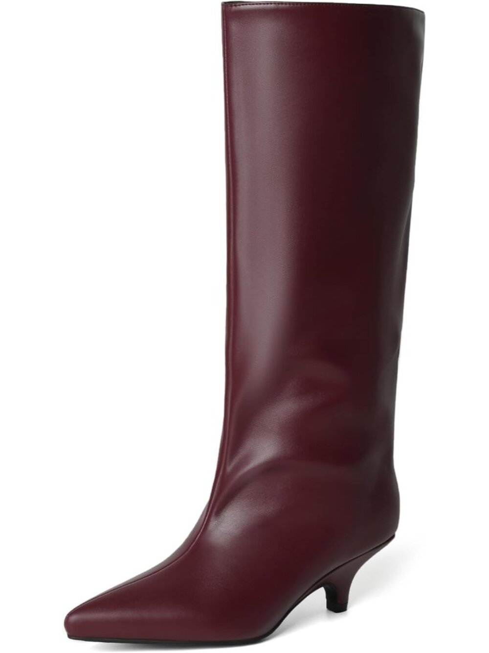 Women Burgundy Faux Leather Pointed-Toe Wide Calf Low Kitten Knee-High Boot - Picture 4 of 5